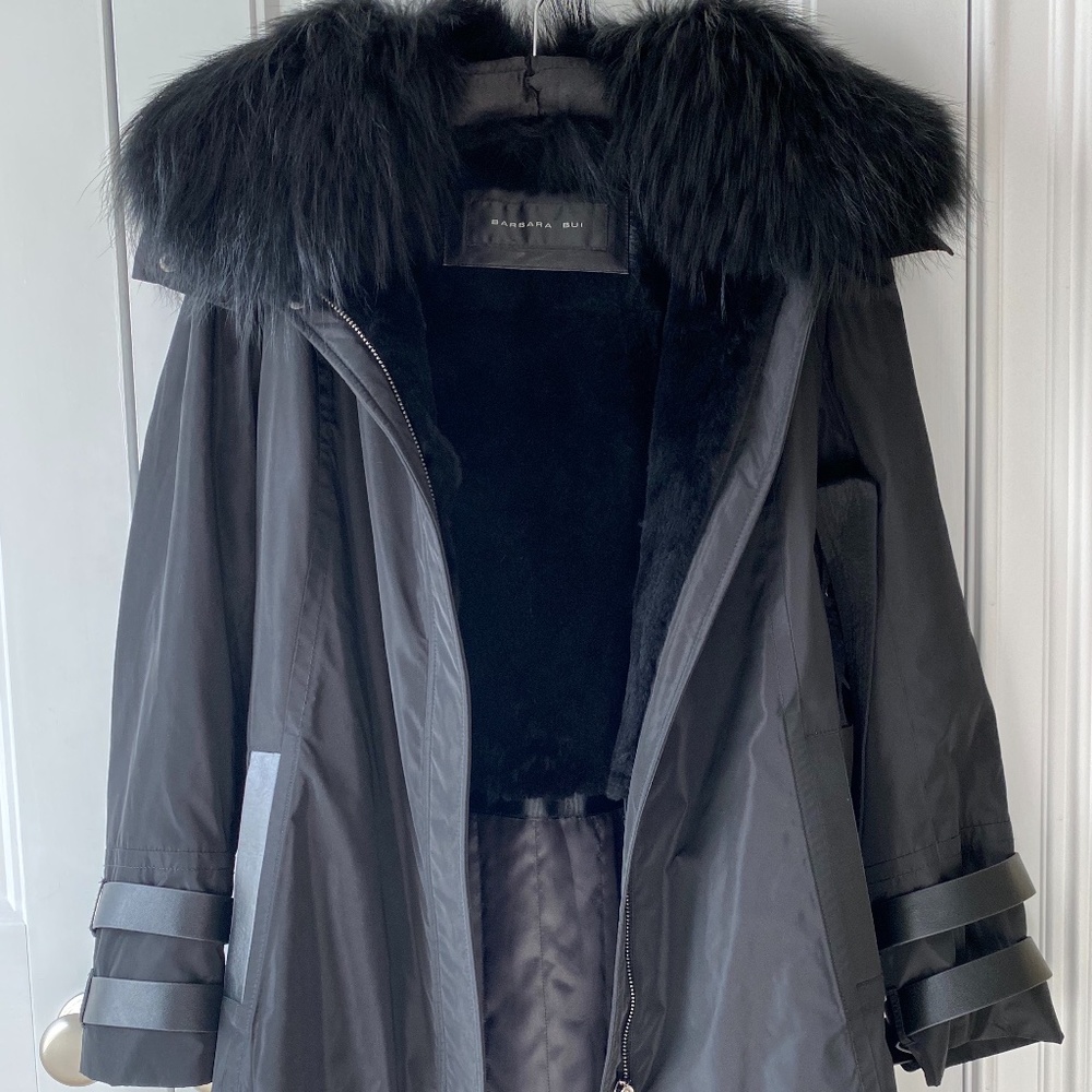 Barbara Bui black trench style fur collar coat